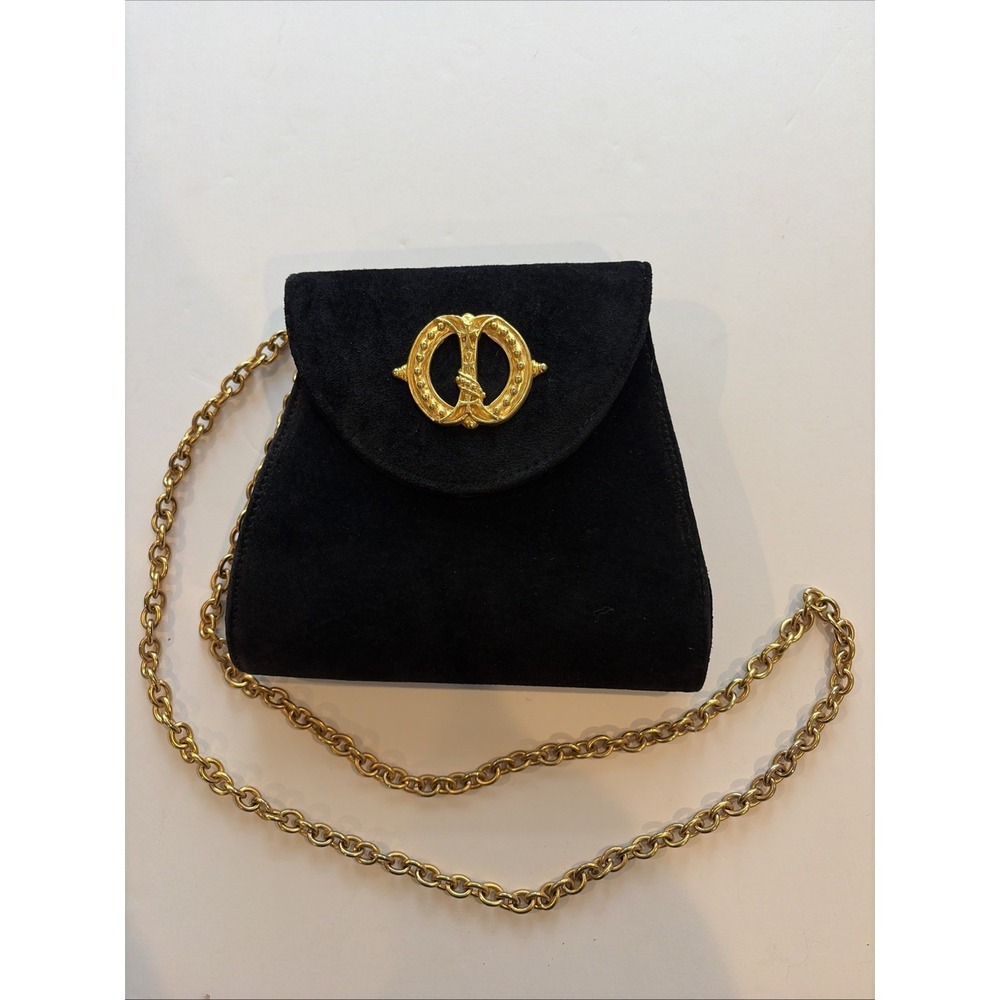 Casual Corner Black Suede Handbag Gold Medallion & Chain Essentials Elegant Bag - Picture 2 of 15